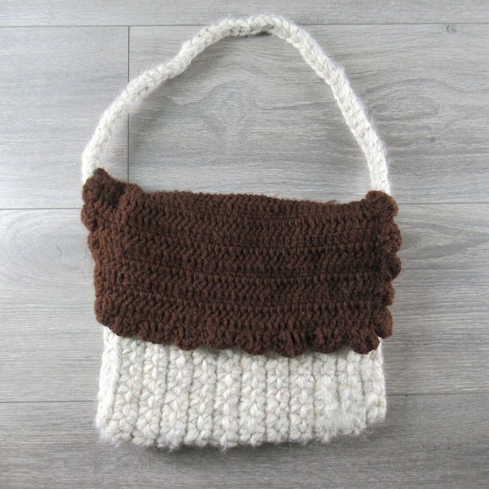 Hand Cable Knit Handbag Women Ivory Brown Messenger Shoulder Bag Scallop Edge